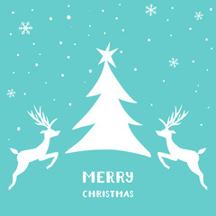 Naklejka premium Christmas card with deers, snow and christmas tree
