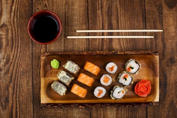 sushi on wooden table, top view