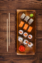 sushi on wooden table, top view