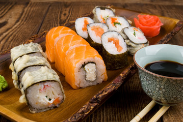 sushi on wooden table