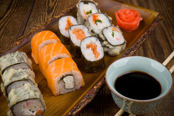 sushi on wooden table