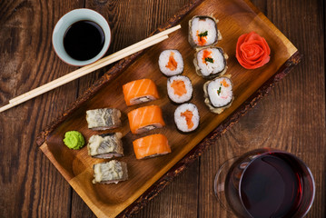 sushi on wooden table, top view