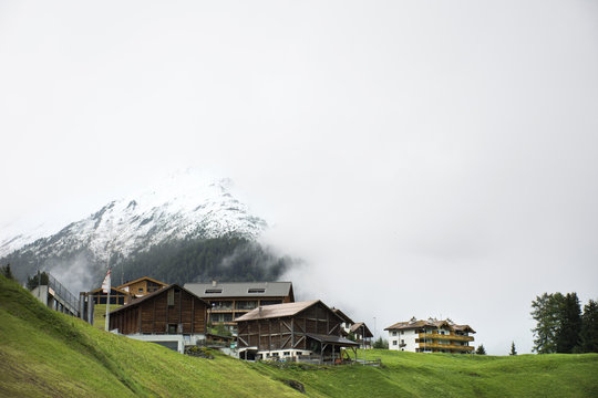 Villages of Tschlin and Ramosch at beside road between go to Samnaun is a high Alpine village and a valley at Graubunden region in Switzerland
