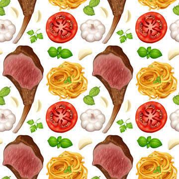 Seamless background with steak and pasta