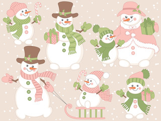 Vector Christmas and New Year Set with Cute Cartoon Snowmen