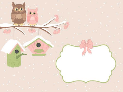 Vector Christmas Card Template with Owls Sitting on Branch and Winter Elements