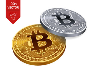Bitcoin. 3D isometric Physical bit coin. Digital currency. Cryptocurrency. Golden and silver coins with bitcoin symbol isolated on white background. Stock vector illustration.