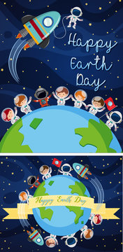 Happy earth day poster with kids in space