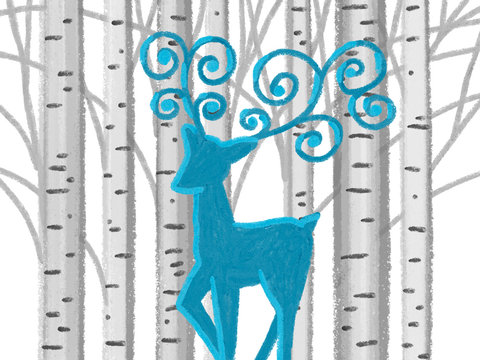 Colorful hand drawn bright blue deer near birch trees on white background, isolated cartoon winter illustration painted by pastel, watercolor and pencil chalk, high quality