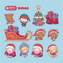 kawaii, cute, chibi cartoons.  New Year set with characters, Santa Claus, Snow Maiden, deer, elf, spruce, gifts
