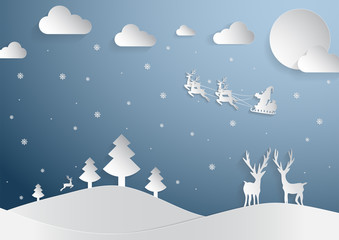 Merry Christmas and Happy New Year Concept, reindeers are looking Santa is coming on the sky cloud and full moon.
