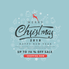 Merry Christmas and Happy New Year sale banner background with christmas icon set.discount gift voucher card for Xmas Holiday.Calligraphy.Vector illustration template.greeting cards.