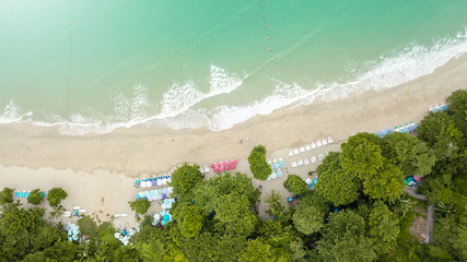 Top view aerial image from drone of an stunning beautiful sea landscape beach with turquoise water with copy space for your advertising text