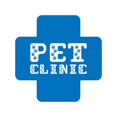 Emblem of the veterinary clinic. Blue cross and text with animal tracks.