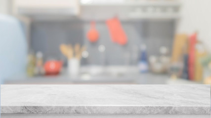 White stone table top and blurred kitchen interior background - can used for display or montage your products.