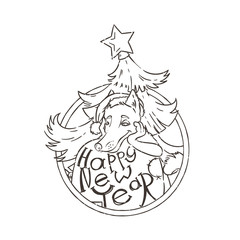 Yellow dog for New Year 2018, cute symbol of horoscope. Cute puppy in cartoon doodle style.