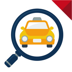 abstract icon for taxi search, illustrated with magnifying glass and taxi car