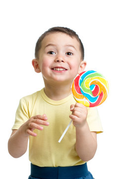 Child Boy Eating Big Candy Lollipop Isolated