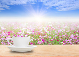 white cup of hot coffee on wooden table in cosmos flower field with blue sky. the background for product display template