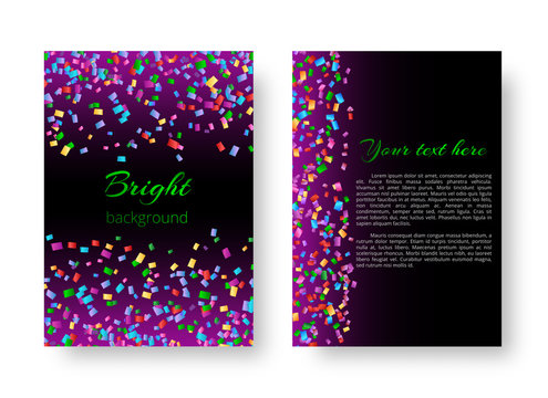 Template greeting card with soaring confetti on purple background for festive design