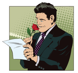 Happy man reading a letter and sniffing a flower. Stock illustration.