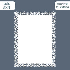 Laser cut wedding invitation card template with openwork border.  Cut out the paper card with lace pattern.  Greeting card template for cutting plotter. Vector.