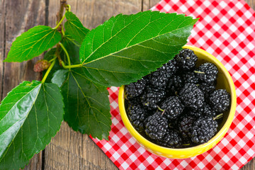 Ripe black mulberry in ceramic bowl