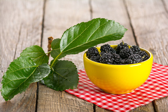Ripe black mulberry in ceramic bowl