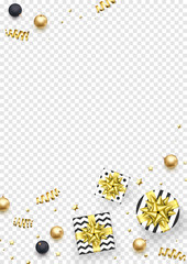 Christmas greeting card template backgorund of golden glitter confetti, gift box with gold ribbon bow for New Year winter holiday. Vector festive glittering star and ball for Christmas sale banner