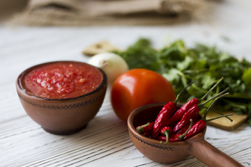 vegetarian dishes and vegetables - onion, tomato, chilli and fresh herbs - dill parsley Basil