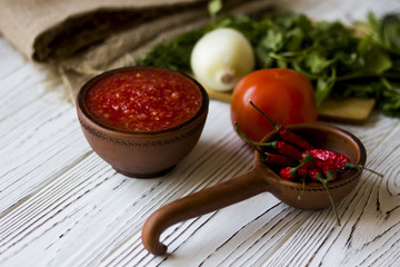 vegetarian dishes and vegetables - onion, tomato, chilli and fresh herbs - dill parsley Basil