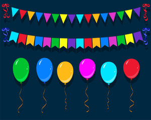 Set of balloons and bunting, carnival garlands of flags and balloons