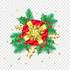 Christmas greeting card template background of holly leaf wreath and Christmas lights garland on New Year fir or pine tree decoration. Vector Christmas tree ornament for New Year winter holiday banner