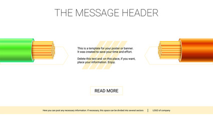 Electrical insulated, stranded copper wires. Electric cables in the colored braid on white background. Horizontal design for presentation, posters, cover art, banners or advertising. 3D illustration.