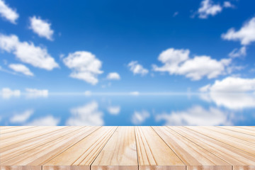 empty wooden table in the nice blue sky. background for product display template