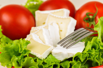 Tomatoes and cheese slices lie on a sheet of fresh salad in a red plate.