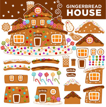 Christmas Gingerbread House Constructor Cartoon Cookie Candy Greeting New Year Card Icons