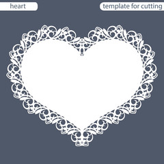 Greeting card with openwork border, paper doily under the cake, template for cutting in the form of heart, valentine card,  wedding invitation, decorative plate is laser cut,  vector illustrations.