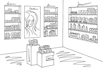 Cosmetics store graphic shop black white interior sketch illustration vector
