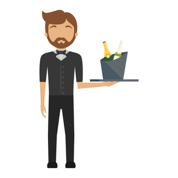 colorful waiter man  with  wine cooler over white background  vector illustration