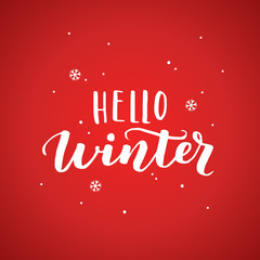 Hello winter 2017 white typography on red background. Greeting card design with hand lettering inscription for winter holidays. Vector minimalistic Illustration