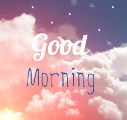 Good morning word letter on pink and blue pastel sky and white stars. © Ekaterina