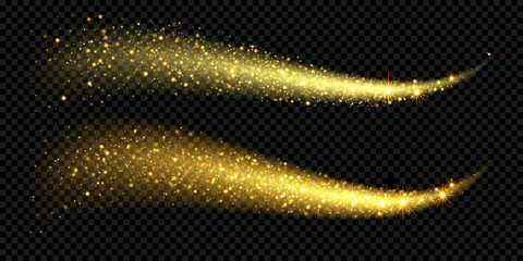 Christmas holiday golden glitter light wave background template of sparkling gold particles and shiny confetti effect. Vector glittering shimmer glare trail for New Year or Christmas luxury design © Ron Dale