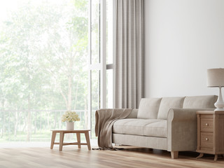 Vintage living room 3d rendering image.The Rooms have wooden floors and white walls .There are large open door overlooking to the nature.