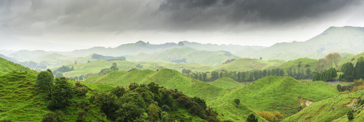 Panoramic image of beautiful scenery of mountains along the way on Whanganui river road in National...