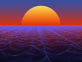 Abstract water surface with sphere sun on horizon. Technology vector background.