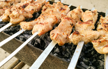 Shish kebab on metal sticks roasted on the grill