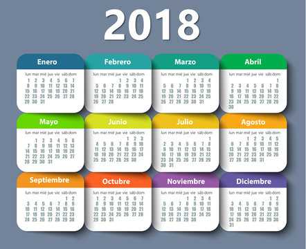 Calendar 2018 year vector design template in Spanish.