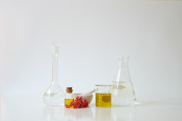  laboratory experiment and research with leaf, oil and ingredien