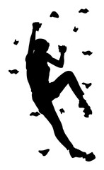 Fototapeta na wymiar Extreme sports girl climb without roop. Woman climbing vector silhouette illustration, isolated on background. Sport weekend action in adventure park. Rock wall for fun. Tough and healthy discipline. 